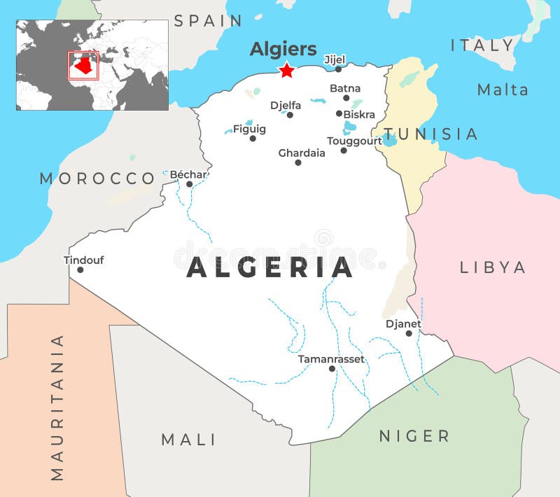 Algeria Political Map with capital Algiers, most important cities with national borders vector illustration