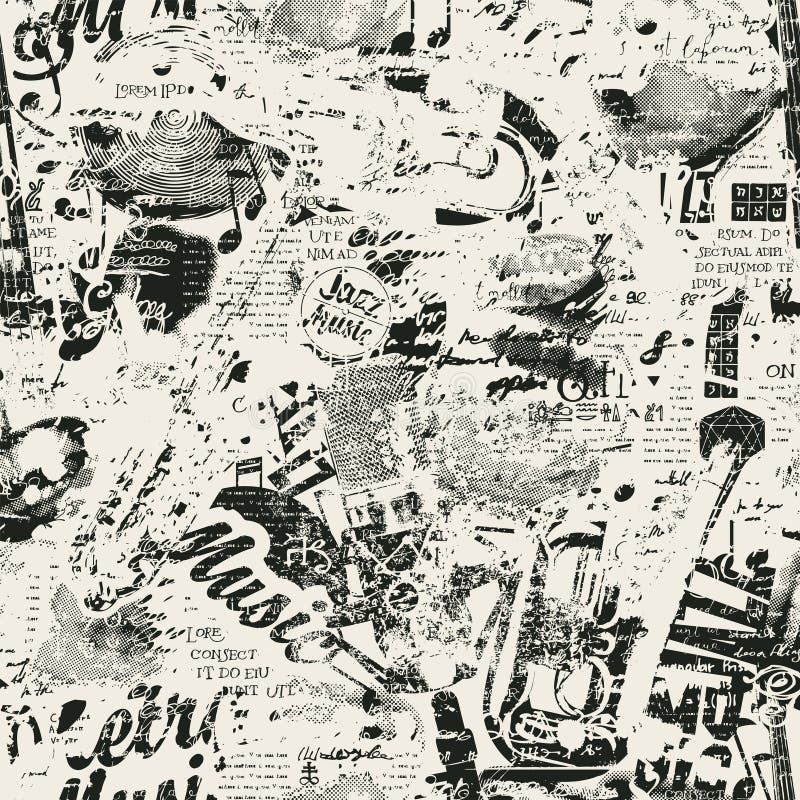 Vector abstract seamless pattern on the theme of retro jazz music with singing mouths, vinyl records and musical instruments. Bright vector background, suitable for Wallpaper, wrapping paper, fabric. Vector abstract seamless pattern illustrations