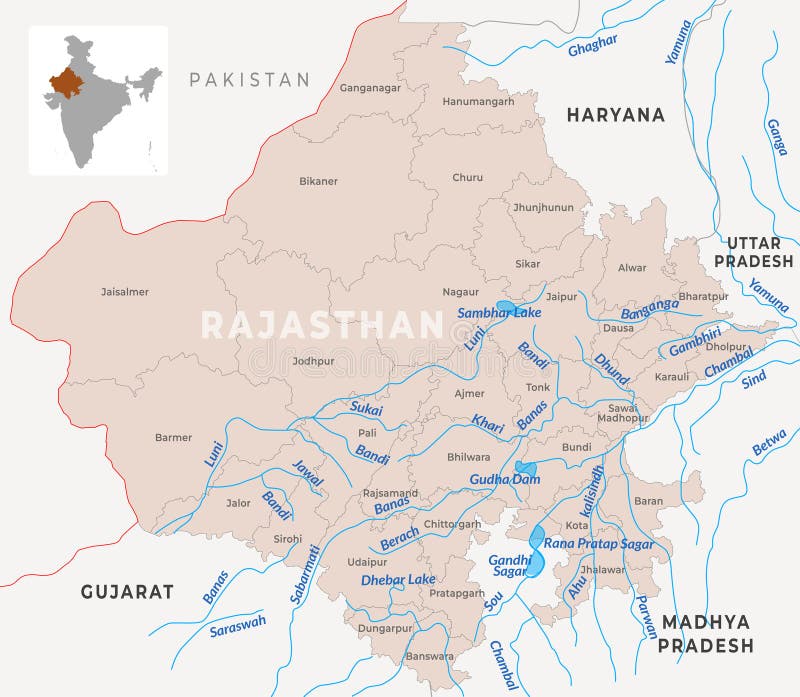 District map of Rajasthan, India, showcasing district boundaries stock illustration