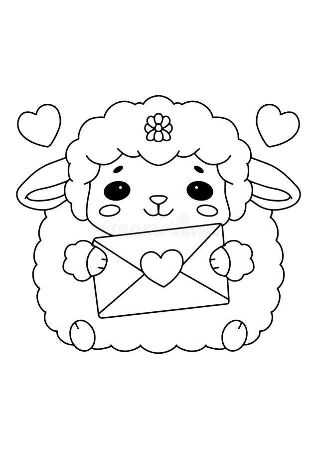 Coloring Book Sheep Holding a Love Letter, Surrounded by Hearts, Ready