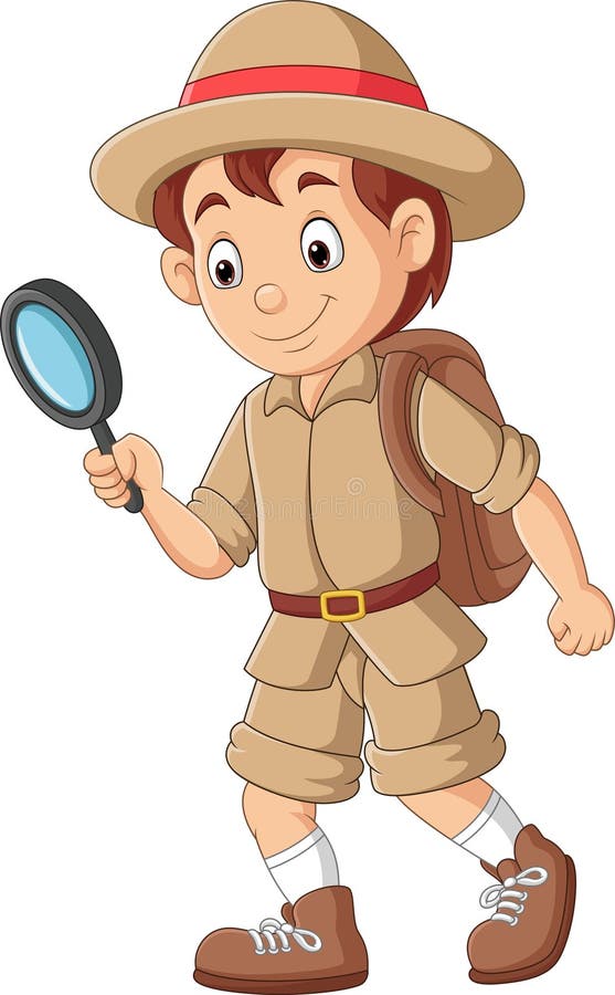 Cartoon explorer kid holding a magnifying glass stock illustration