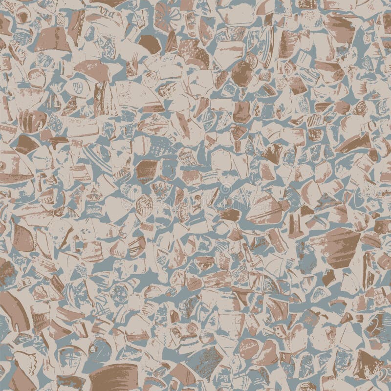 Vector abstract seamless pattern background or texture with fragments of ancient clay and porcelain plates, cups, amphoras with national folk ornaments. Suitable for decorating fabric, paper, wallpape. Vector abstract seamless pattern vectors