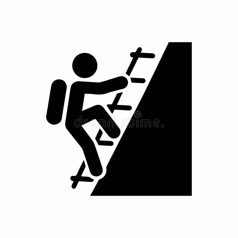 Icon, man climbs mountain, climb stairs, sticks stickman figure vector illustration