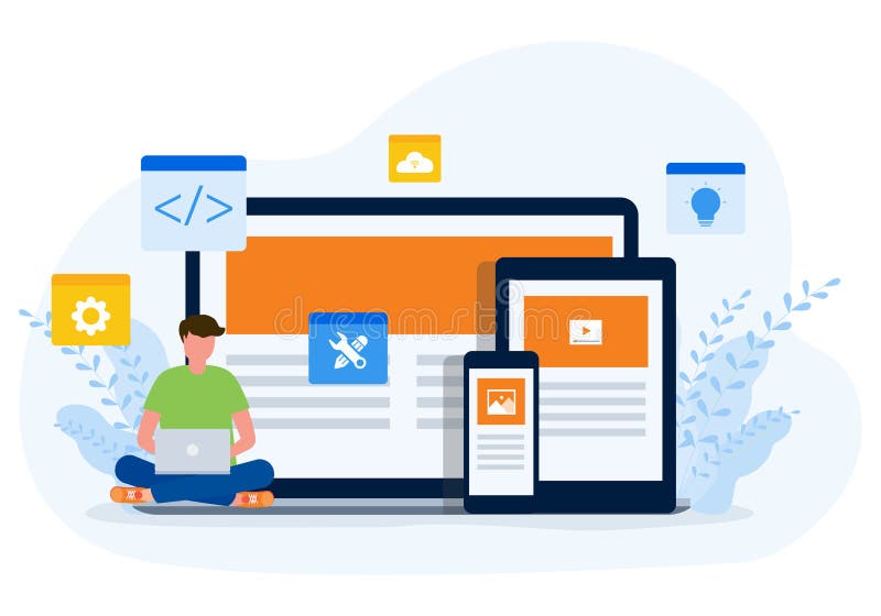 Flat vector design web development and application developer working computer laptop and mobile device stock illustration