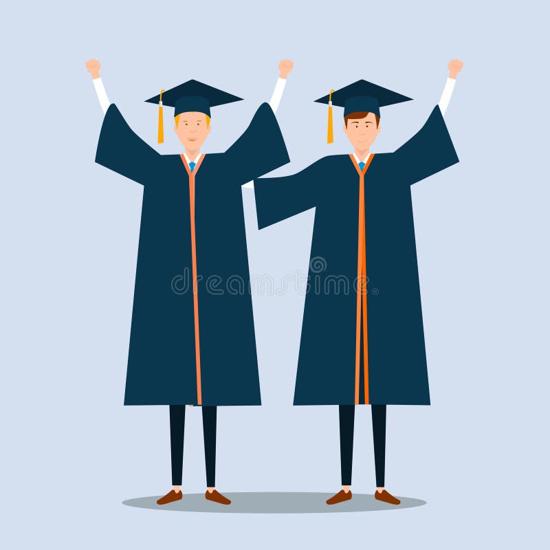 Flat vector illustration cartoon two graduates wearing black gowns celebration achievement at their graduation royalty free illustration