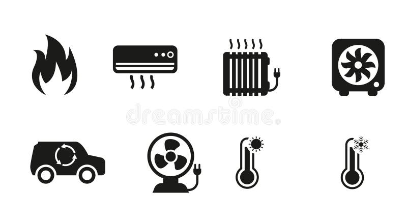 Black icons on a white background depict various climate control and temperature symbols. Designs include a flame, indicating heat, an air conditioner with airflow lines, an electric radiator emitting steam, a fan unit, a car with a recycling symbol, a table fan, and two thermometers with sun and snowflake symbols. Each icon represents elements related to heating, cooling, or temperature regulation. Airflow symbol vectors