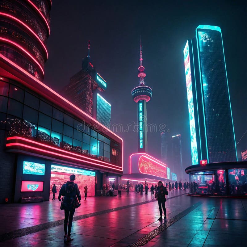 Futuristic city street at night with neon lights and modern skyscrapers royalty free illustration