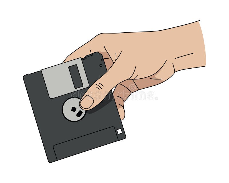 Illustration of a hand holding a floppy disk stock illustration