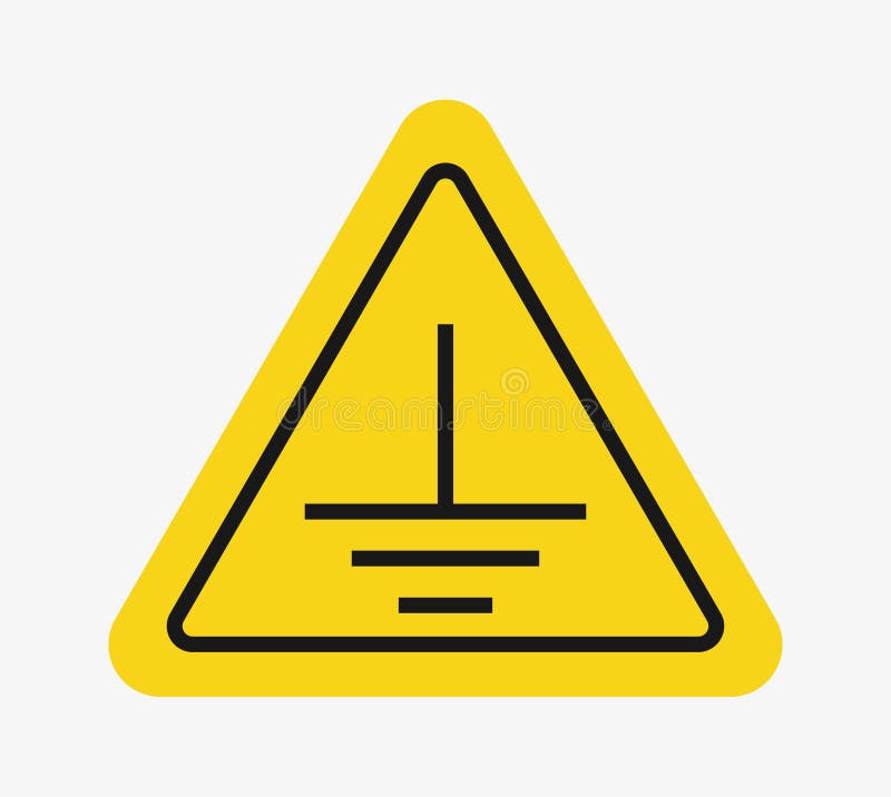 Triangular yellow warning sign with a bold black border, featuring an electrical grounding symbol inside. The symbol consists of a line ending in a horizontal dash with two smaller dashes beneath it, representing electrical grounding. Electrical grounding vectors