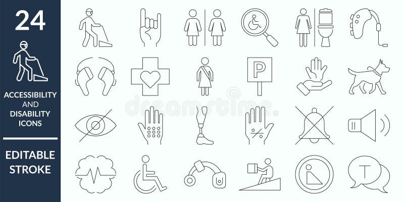 Accessibility and special needs Vector icons, editable stroke disability, inclusion, and assistive technology outline icon vector illustration