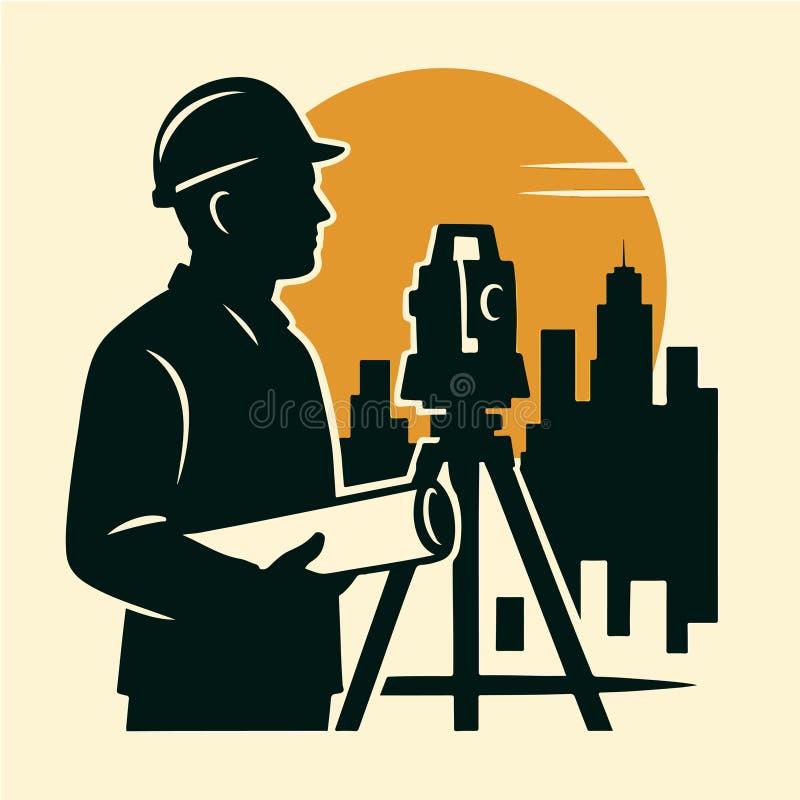 A surveyor operates a theodolite against a city backdrop, highlighting measurement and mapping tasks. Useful for surveying firms, GIS services, infrastructure planning, and real estate development. Theodolite logo vectors