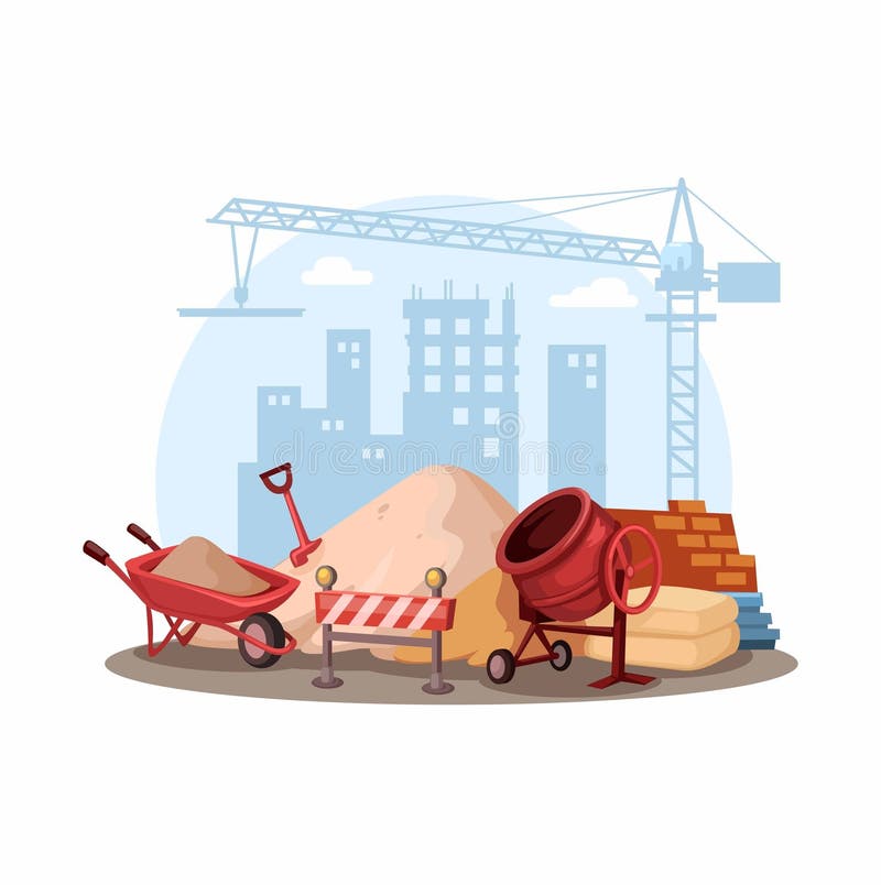 This image features a vector illustration of common construction tools and materials found on a building site. It includes a pile of sand, cement bags, bricks, a cement mixer, a wheelbarrow, a shovel, and a safety barricade. In the background, there are silhouettes of high-rise buildings under construction along with a tower crane, adding to the active construction site atmosphere. This illustration is suitable for educational materials, presentations, or graphic designs related to construction and civil engineering. Civil engineering line art vectors