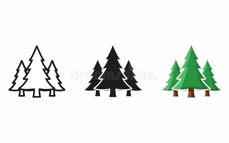 Three stylized pine tree illustrations are shown in a row against a white background. stock illustration
