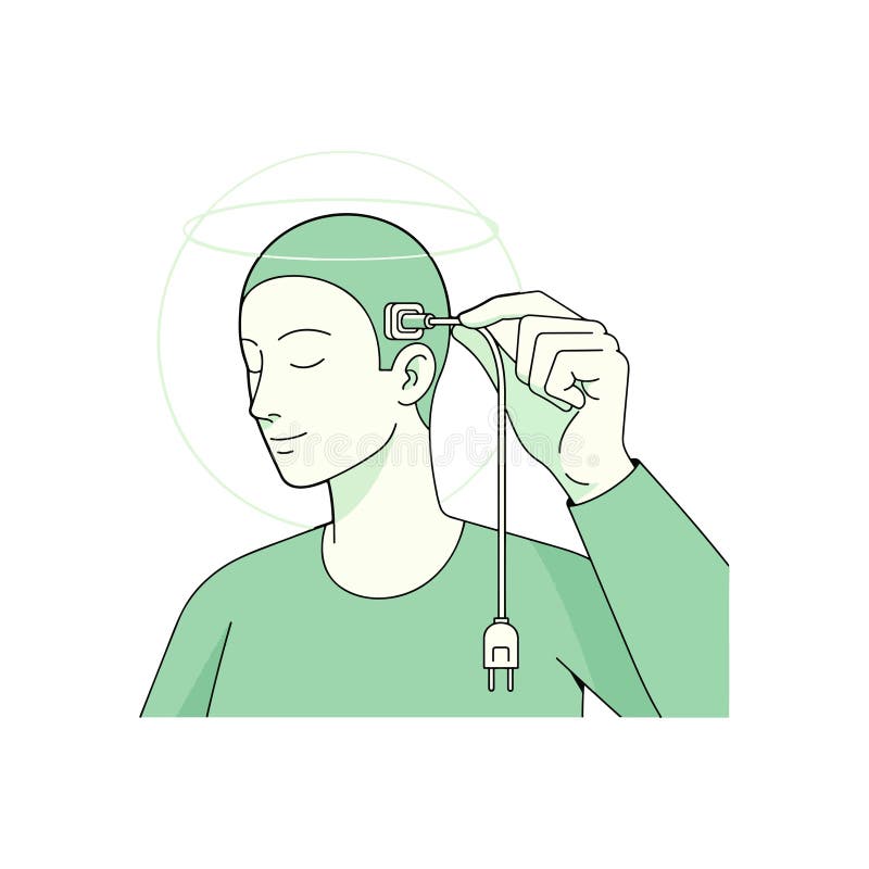 A minimalist line art illustration depicting a person with closed eyes calmly plugging a USB-C cable into a port on their head. This conceptual image symbolizes the fusion of humanity and technology, representing themes like brain-computer interfaces (BCI), transhumanism, artificial intelligence, and cyborgs. It can illustrate ideas of recharging, data transfer, digital consciousness, or the future of bio-hacking and neural networks. The serene expression suggests a seamless integration between man and machine. Brain disconnect illustrations