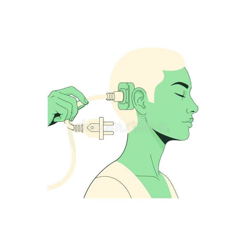 A conceptual vector illustration depicting a hand plugging an electrical cord into a socket on a person's head. The serene, green-skinned figure with closed eyes symbolizes a state of recharge or data input. This minimalist and futuristic image represents the merging of humanity and technology, mental energy, biohacking, and 'powering up' the brain. It's perfect for themes of artificial intelligence, burnout recovery, learning, transhumanism, and personal development, isolated on a white background. Brain disconnect illustrations