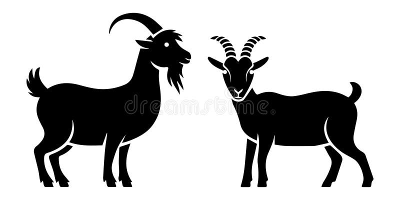 Highly detailed black silhouette vector of two mature goats facing each other, one featuring an udder, with bold white outlines on the horns and face for contrast. Nanny logo vectors