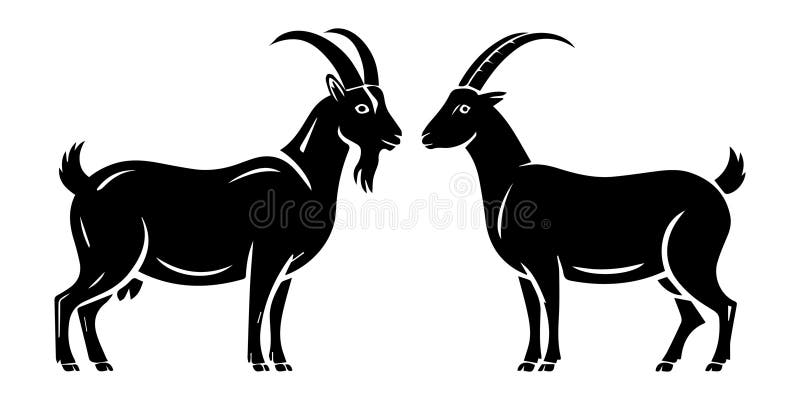 Highly detailed black silhouette vector of two mature goats facing each other, one featuring an udder, with bold white outlines on the horns and face for contrast. Nanny logo vectors