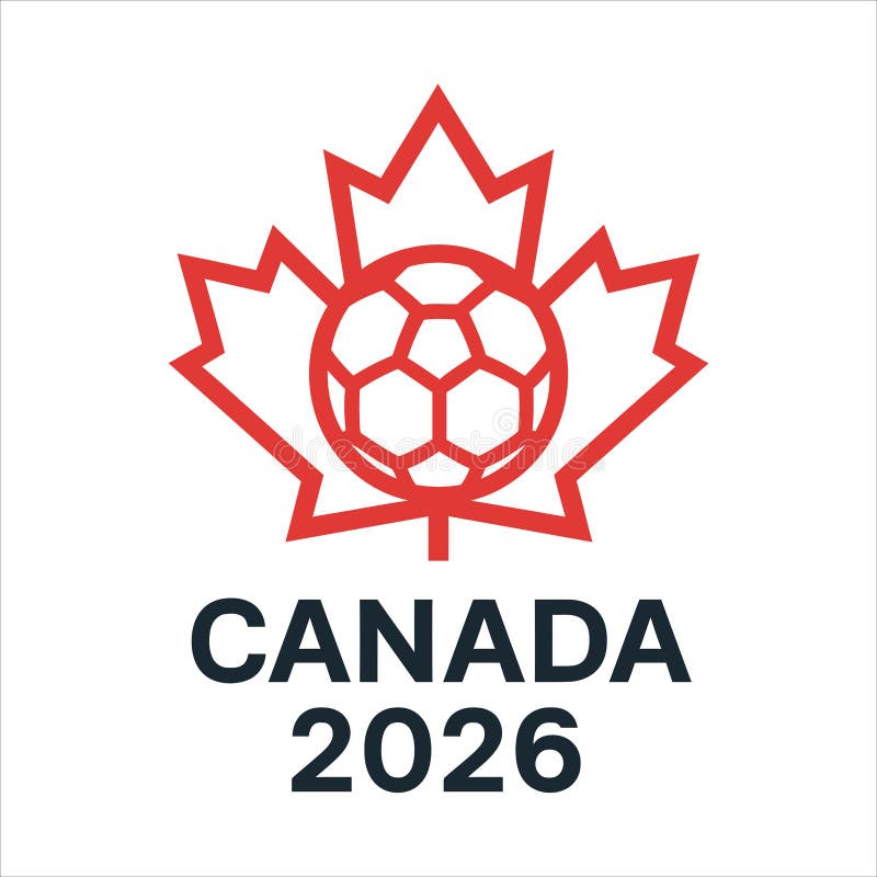 A stylized red maple leaf outlines a soccer ball, creating a logo design. Below this emblem, the text "CANADA 2026" is prominently displayed in bold, sans-serif lettering. The maple leaf symbolizes Canada, while the soccer ball signifies the sport, possibly related to an event like the FIFA World Cup scheduled to take place in 2026. The use of red connects to Canada's national flag and identity. Maple leaf canada cartoon vectors