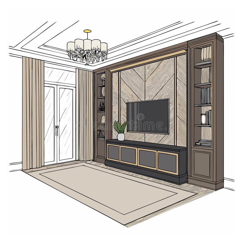 A modern living room features a built-in entertainment center with shelves filled with books and decor items on either side of a large flat-screen TV. The wall behind the TV has a chevron wood pattern. A plush rug covers the floor, and a large chandelier with multiple bulbs hangs from the ceiling. Tall curtains frame glass doors, adding elegance. A potted plant sits on the TV console, providing a touch of greenery. Tv wall pattern vectors