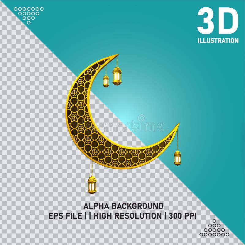 Gold crescent moon with intricate star and floral patterns. Three small golden lanterns hang from its edges. Background is diagonal with a turquoise section and a transparent checkerboard design. Text in turquoise section reads "3D Illustration," "Alpha Background," "EPS File," "High Resolution," and "300 PPI. " Small triangular dot patterns decorate corners. Ppi file vectors