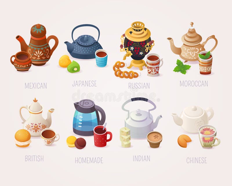 Big variety of tea cups and kettles tea drinking traditions