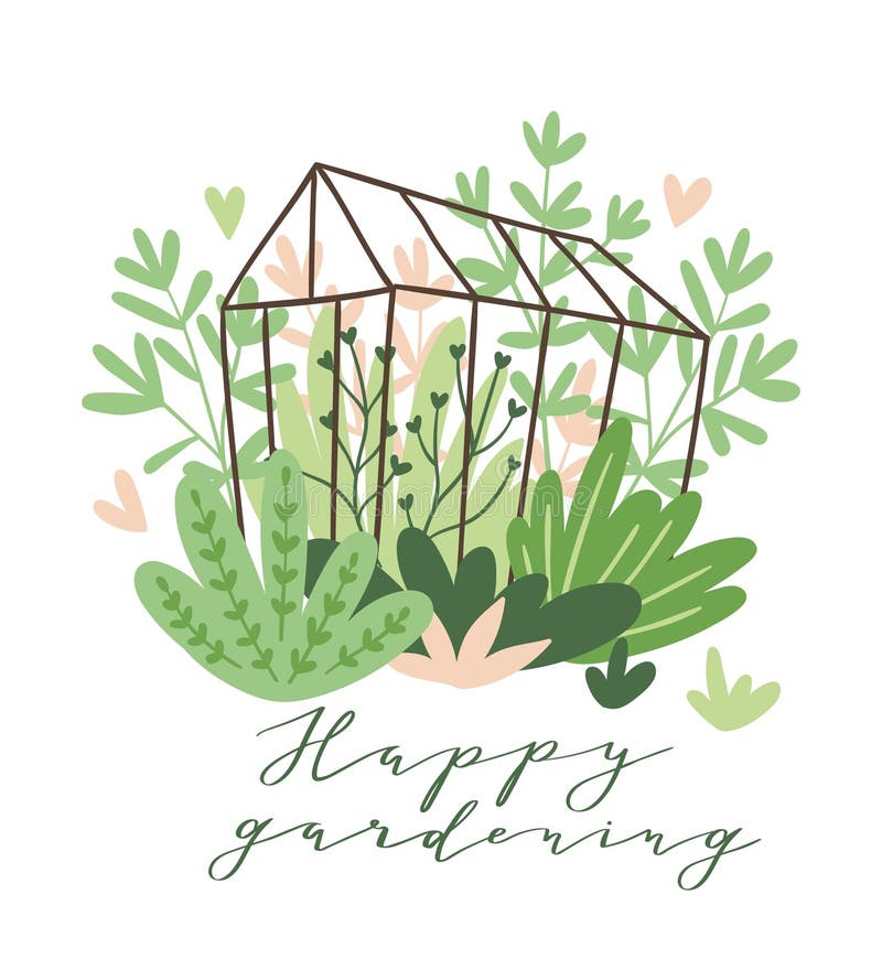 Cute vector seasonal greeting card - Growing flowers and plants in the greenhouse with text `Happy gardening`. royalty free illustration Cute vector seasonal greeting card - Growing flowers and plants in the greenhouse with text `Happy gardening`. royalty free illustration