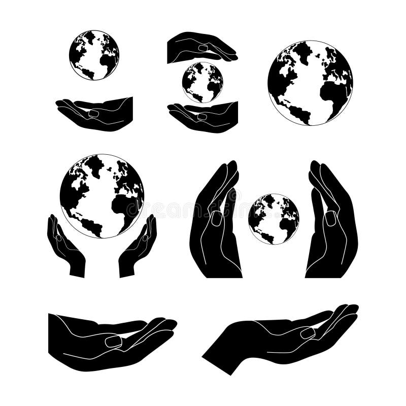 Hands holding Earth globe collection. Save the planet, protect the Earth, environment problems, saving nature together concept stock illustration