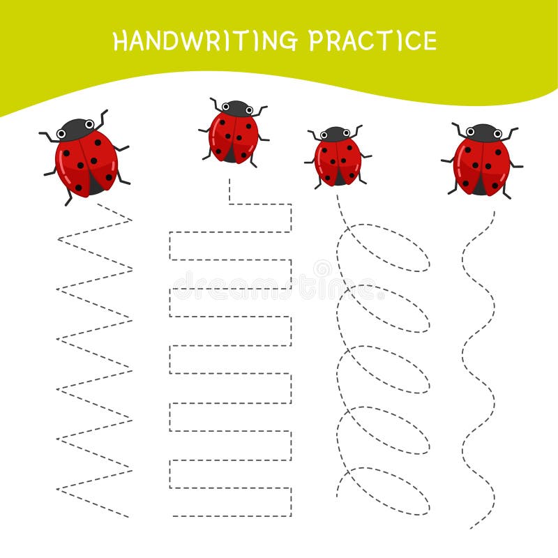 Handwriting practice sheet. Basic writing. Educational game for children. Cartoon ladybug. Handwriting practice sheet. Basic writing. Educational game for children. Cartoon ladybug