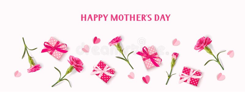 Happy Mothers day banner. Holiday design template with realistic pink carnation flowers, gift boxes and paper hearts.