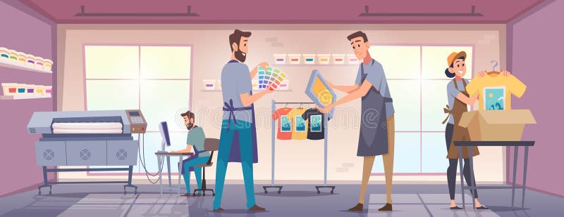 Print house. Professional workers on the working place printing with squeegee and mesh stencil frame exact vector royalty free illustration