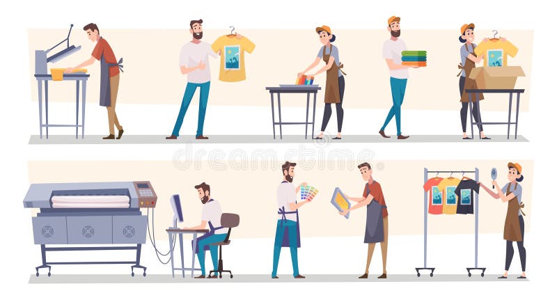 Print house. Silk screen typography processes with professional tools squeegee and mesh stencil frame exact vector stock illustration