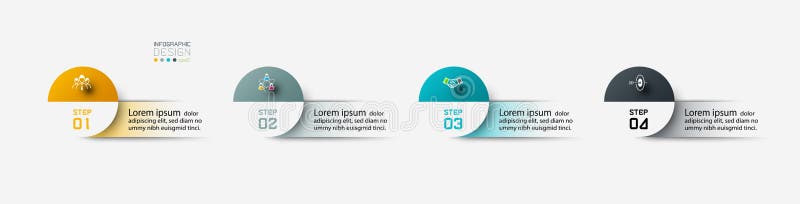 Modern circles combined with square labels 4 steps to help present your work and explain the work by vector infographic royalty free illustration