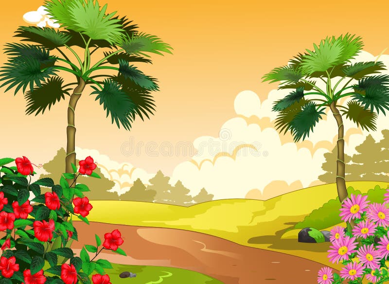 Cool Landscape View With Trees And Flower Cartoon for your design