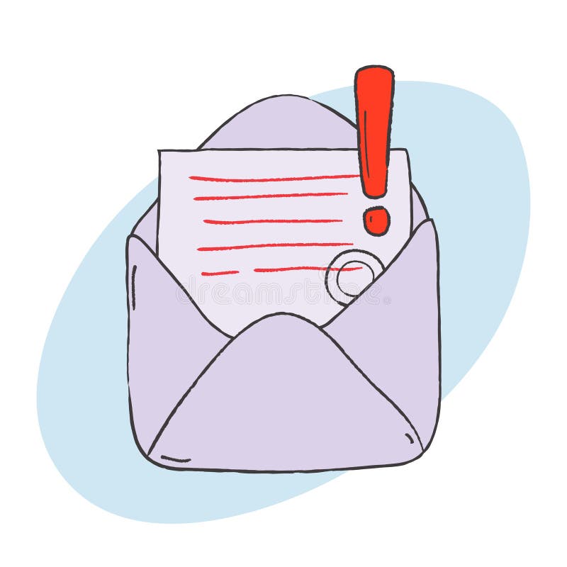 Envelope with exclamation mark icon. Open envelope with important document end exclamation mark hand draw style