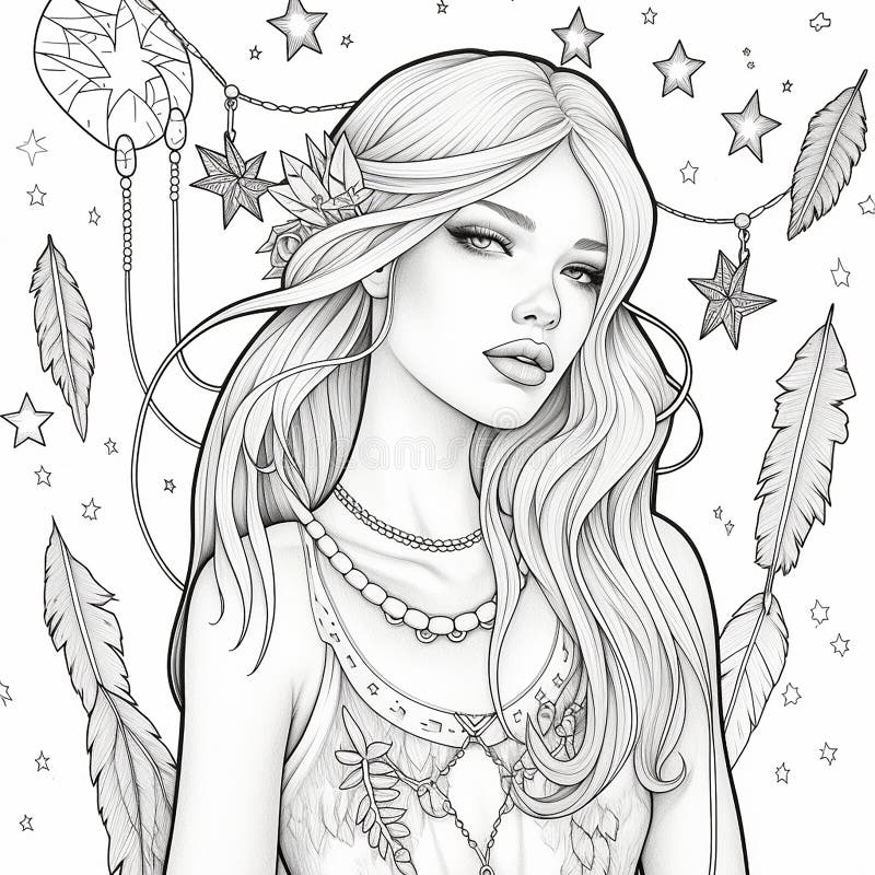Printable Colouring Page . Lineart with Girl and Stock Illustration ...