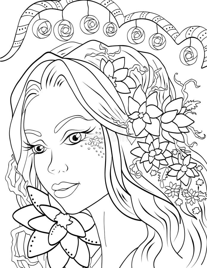 Printable Colouring Page . Lineart with Girl and Flowers Stock ...