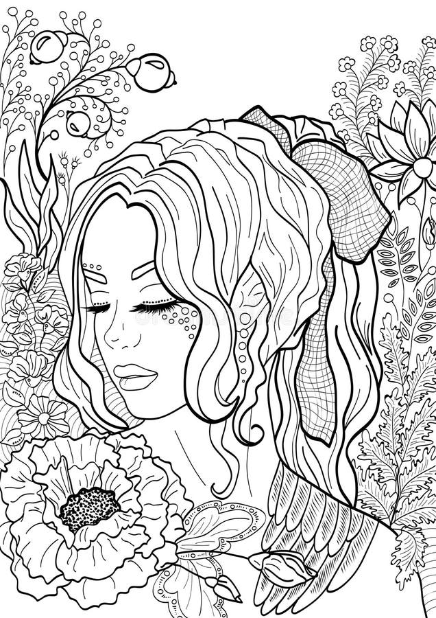 printable colouring page lineart with girl and flowers stock illustration illustration of background doodle 198571355
