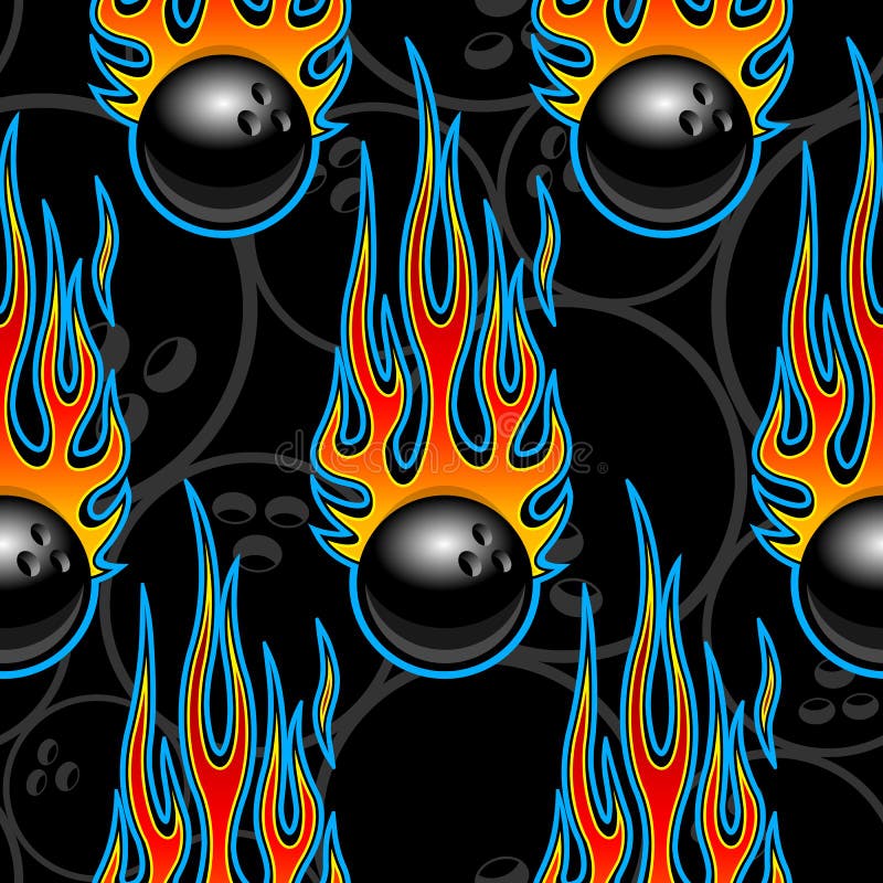 Seamless Vector Pattern with Bowling Ball Icons and Flames. Stock