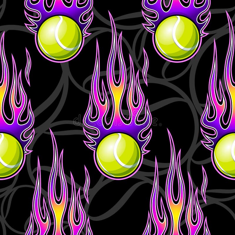 Seamless Vector Pattern with Tennis Ball Icons and Flames. Stock Vector