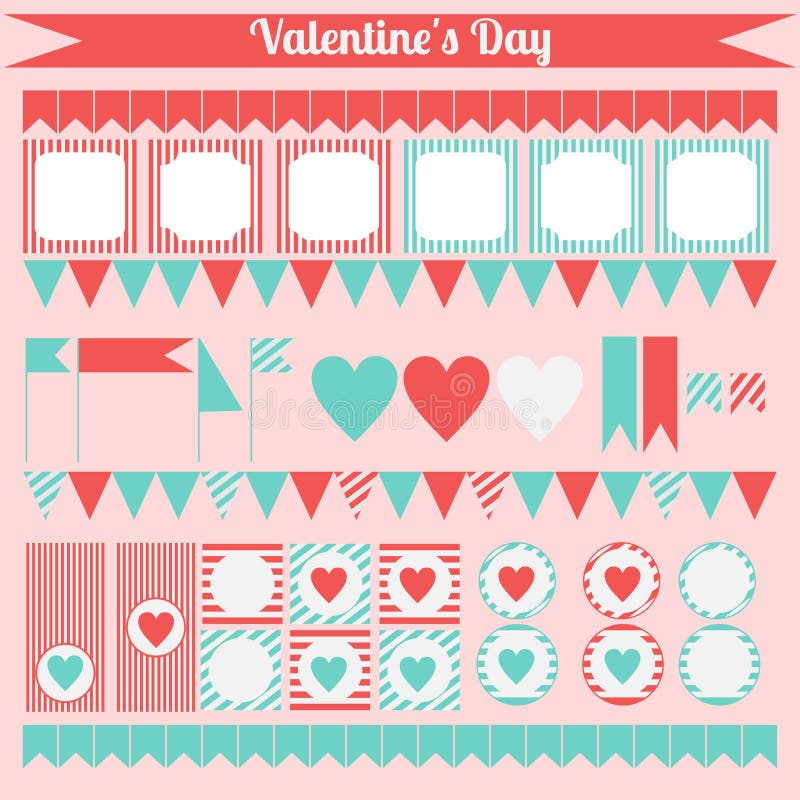 Printable set of saint valentine party elements. Happy Valentines Day set. stock illustration
