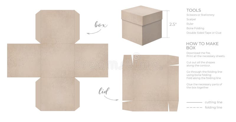 Printable template DIY party favor square box for birthdays, baby showers. Beige Gift box template for cute candies