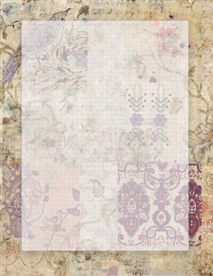 Printable vintage grungy shabby chic style floral stationary on collaged vintage wallpaper background with space for text