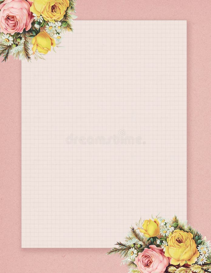 Printable vintage shabby chic style floral rose stationary on green paper background