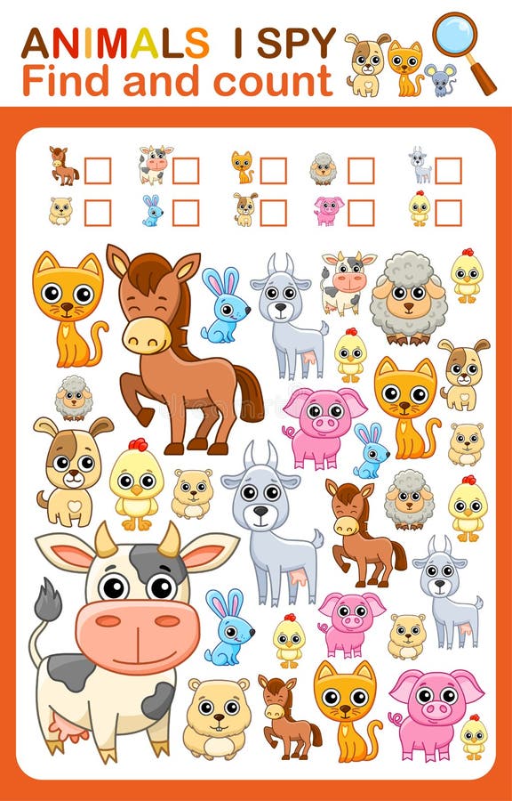 Printable Worksheet for Kindergarten and Preschool Book Page. I Spy. Count  Farm Animals, Vector Illustration Stock Vector - Illustration of cute,  lamb: 254019181