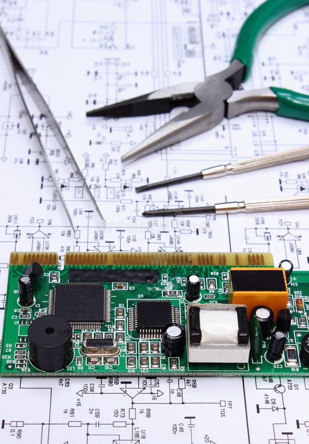 Printed Circuit Board and Precision Tools on Diagram of Electronics