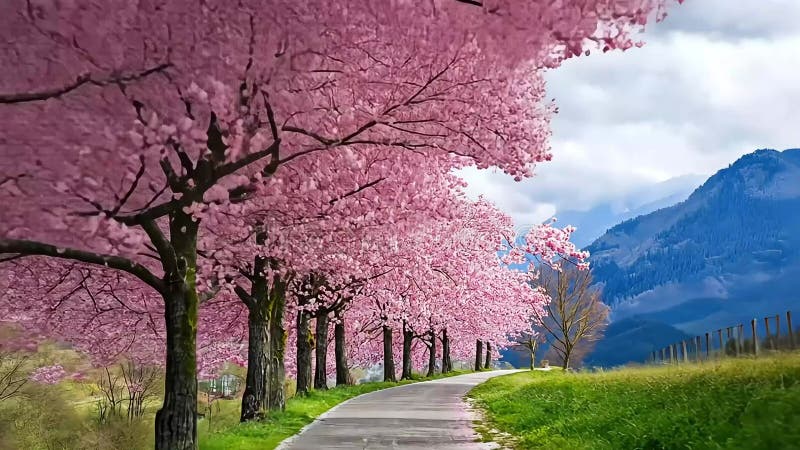 Printemps Fleurs de cerisier Linked Path Mountains illustration stock