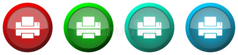 Printer, print round glossy web icon set, colorful buttons isolated on white background royalty free illustration