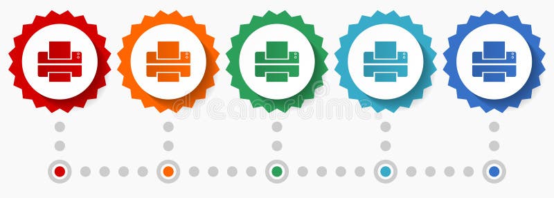 Printer, print vector icon set, colorful infographic template, set of flat design badge icons in 5 color options stock illustration