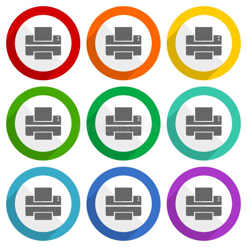 Printer, print vector icons, set of colorful flat design buttons for webdesign and mobile applications vector illustration