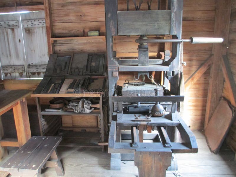 Printer Shop with Printing Press Antique Stock Photo Image of